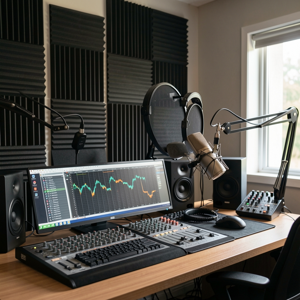 Profesionalni audio studio za snimanje podcast epizoda s mikrofonima, zvučnom izolacijom i analitičkim materijalom na zidu
