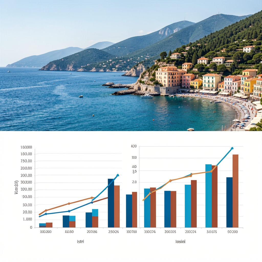 Vizualni prikaz porasta turizma u Dalmaciji i Istri s grafikonima koji pokazuju GDP doprinose sezonske ekonomije za 2024. godinu