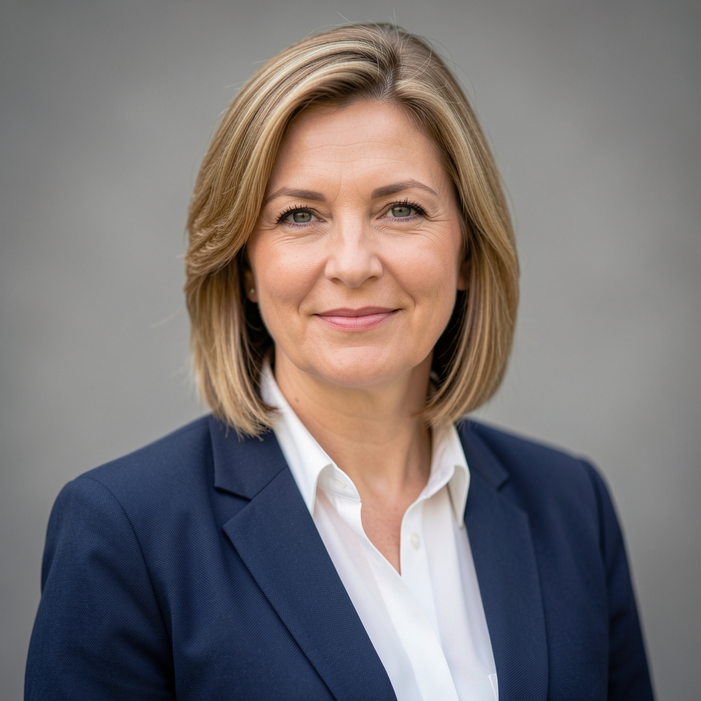 Dr. Ana Perković, žena srednje dobi s profesionalnim izgledom u poslovnoj odjeći, portretna fotografija na neutralnoj pozadini