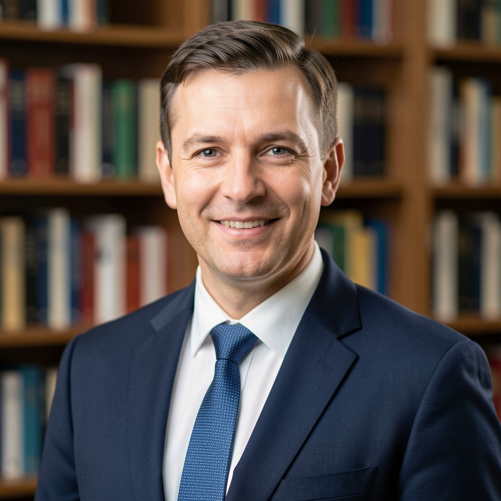 Dr. sc. Nikola Blažević, muškarac u poslovnom odijelu, portretna fotografija s blagom osmijehom, uredska pozadina s knjigama