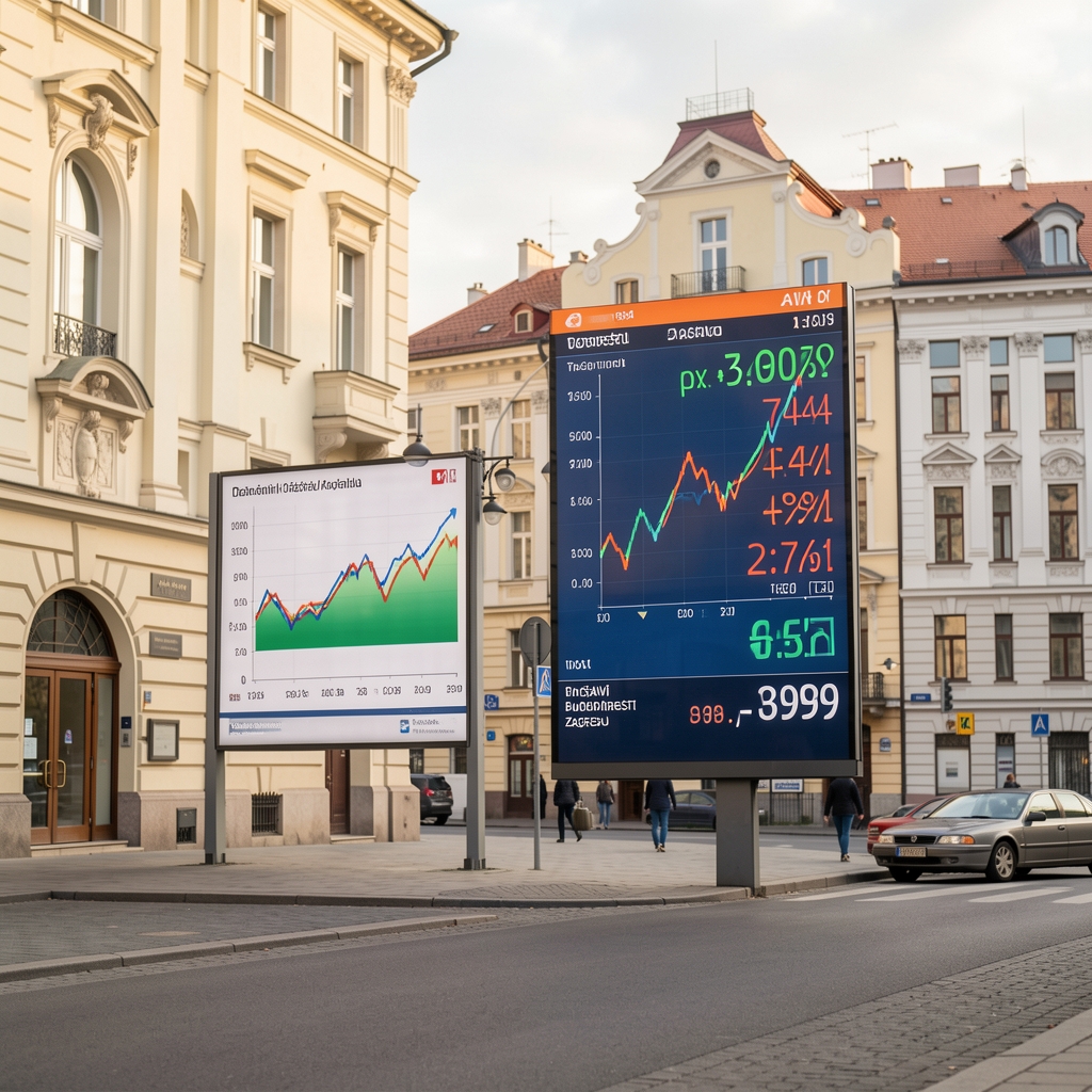 Karta Europe s označenim tržištima kapitala u Varšavi, Budimpešti, Beogradu i Zagrebu s prikazanim stopama rasta indeksa