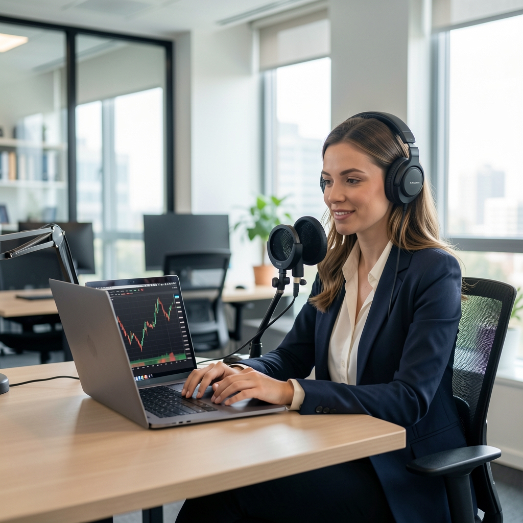 Ženska financijska analitičarka s naglavnim slušalicama sluša podcast i gleda grafikone kretanja cijena na laptopu u modernom uredu
